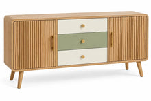 Credenza, ante scanalate e tre cassetti centrali, marrone/beige/verde