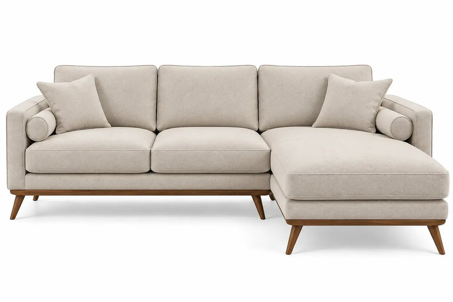 Divano angolare, penisola laterale e base rialzata, beige/marrone