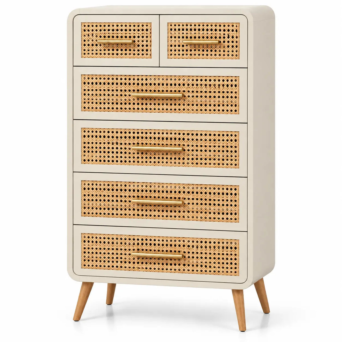 Cassettiera, cassetti con frontali intrecciati e piedini inclinati, beige/marrone