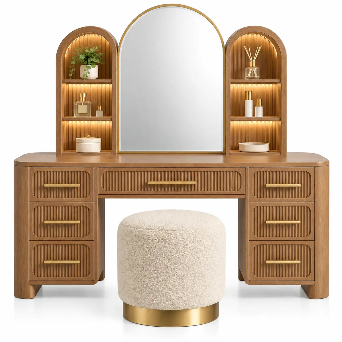 Mobile da toeletta con specchio, specchio arcuato e sgabello rotondo, marrone/beige/oro