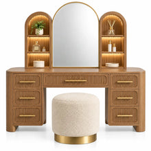 Mobile da toeletta con specchio, specchio arcuato e sgabello rotondo, marrone/beige/oro