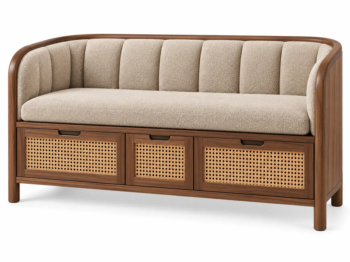 Panca, schienale imbottito e cassetti intrecciati inferiori, marrone/beige