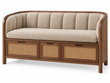 Panca, schienale imbottito e cassetti intrecciati inferiori, marrone/beige