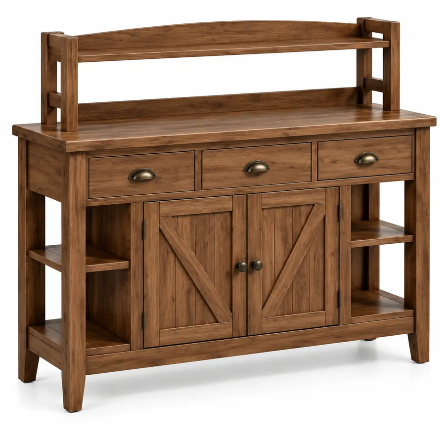 Carrello da cucina, ripiano rialzato, ante incrociate e cassetti, marrone