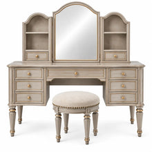 Mobile da toeletta con specchio, specchio sagomato e sgabello imbottito, grigio/beige
