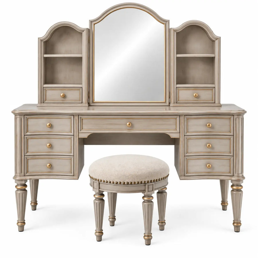 Mobile da toeletta con specchio, specchio sagomato e sgabello imbottito, grigio/beige
