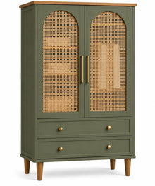 Vetrina, ante ad arco con inserti intrecciati e cassetti, verde/marrone