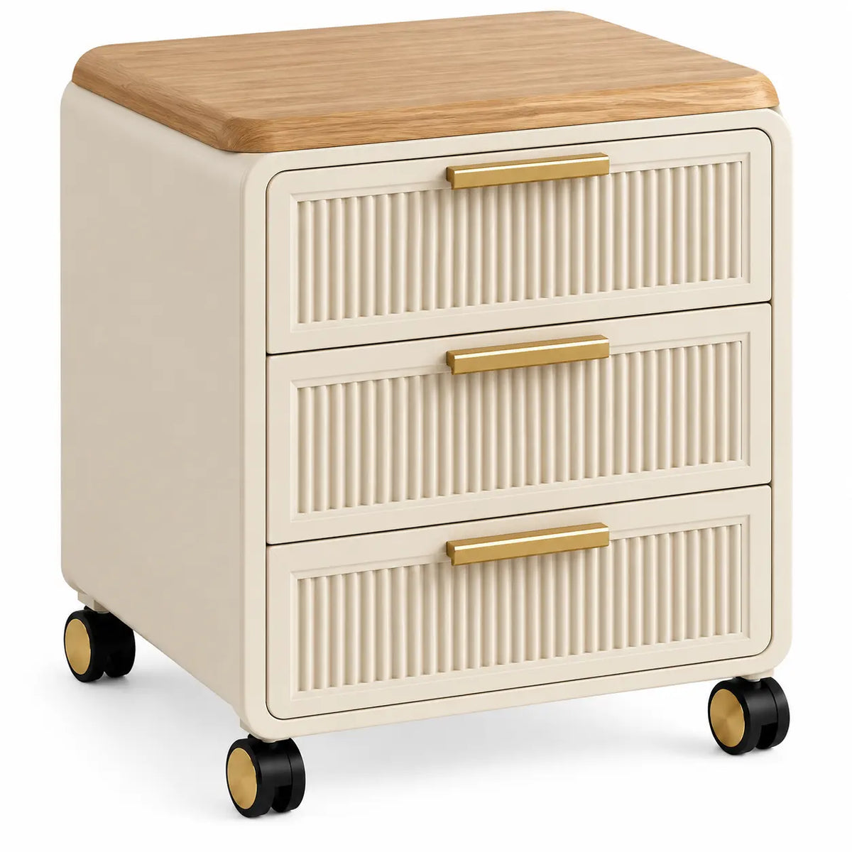 Cassettiera, tre cassetti scanalati e ruote, beige/marrone