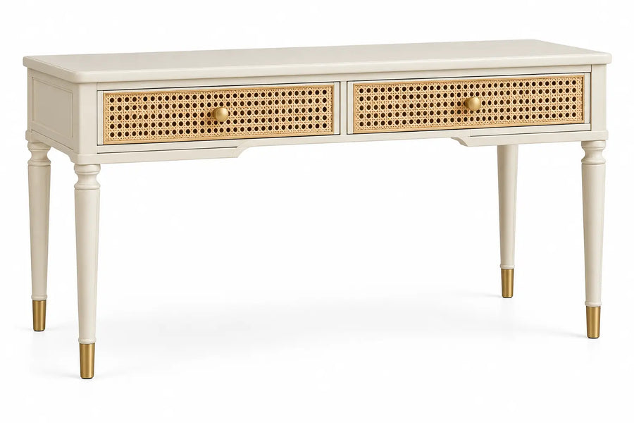 Consolle, due cassetti intrecciati e gambe affusolate, beige/marrone