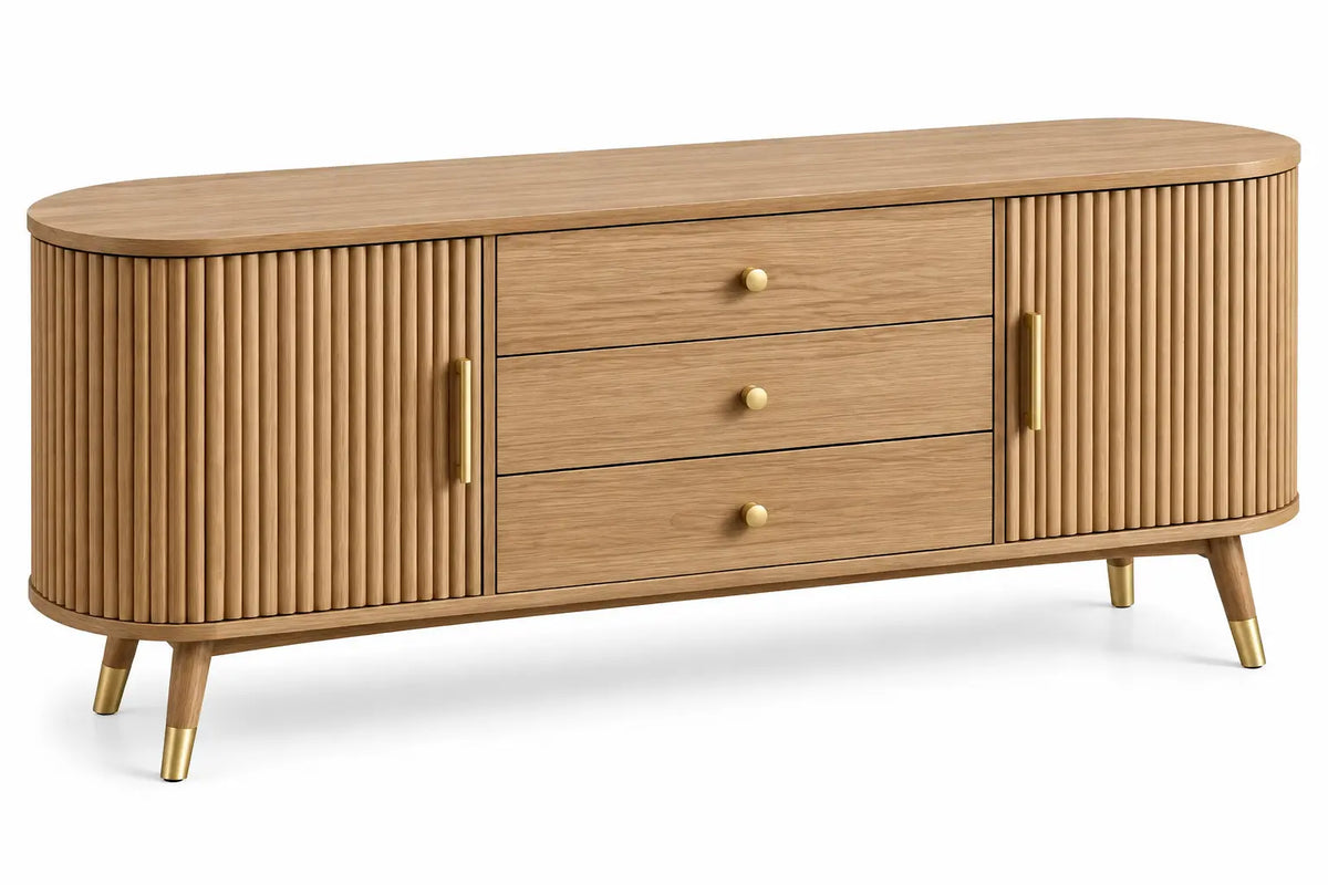 Credenza, ante scanalate e tre cassetti centrali, marrone/oro