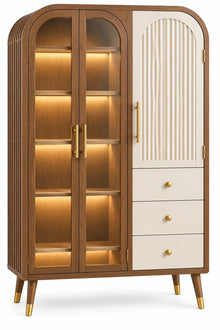 Armadio, anta scanalata, ripiani laterali e cassetti, marrone/beige