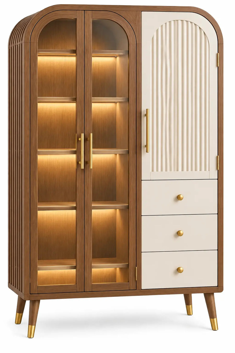 Armadio, anta scanalata, ripiani laterali e cassetti, marrone/beige