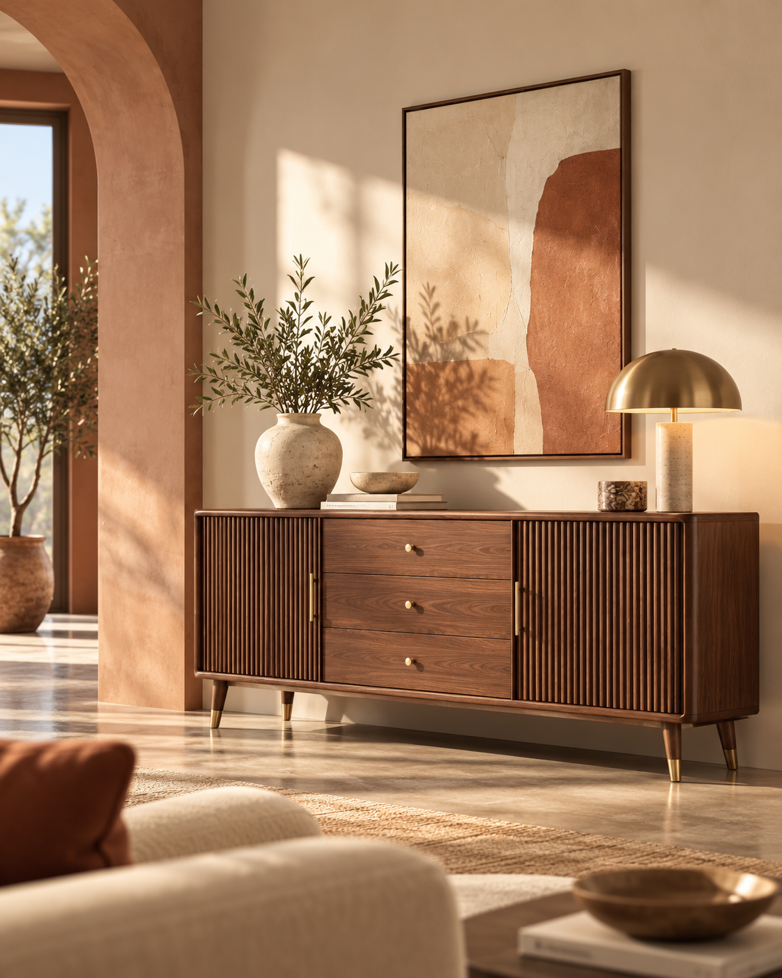 Credenza in legno scuro in un ambiente luminoso e contemporaneo